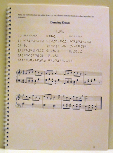 Work sample of design and typesetting of a text book, involving common music notation and Braille music, by Playright Music Ltd., Dublin